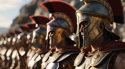 Foto op Plexiglas Spartans, armored and resolute, create a formidable sight as they march in disciplined formation, © JVLMediaUHD
