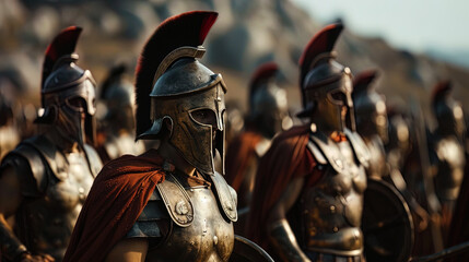 Spartans, draped in iconic armor, move in lockstep formation, embodying discipline and military pr - obrazy, fototapety, plakaty