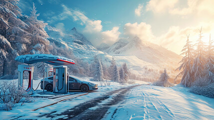 Snowkissed surroundings frame the image of an electric car at a charging station, blending sustain - obrazy, fototapety, plakaty