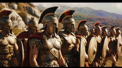 Fotobehang Spartans, draped in iconic armor, move in lockstep formation, embodying discipline and military pr © JVLMediaUHD
