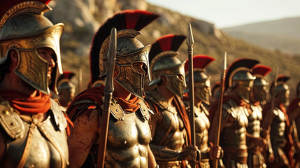 Spartans, dressed in battleready armor, showcase their legendary discipline and unity as they marc - obrazy, fototapety, plakaty