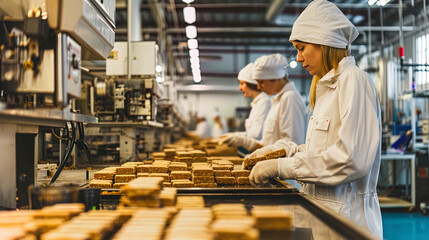 Team members collect and bundle energy bars as part of the manufacturing process