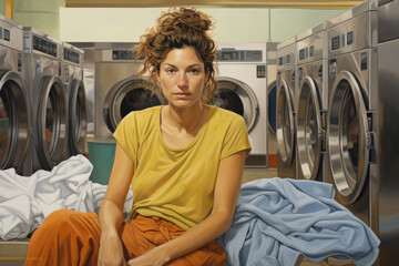 Tired woman in casual clothing sits among laundry, surrounded by washers in a public laundromat.National laundry day activities.Emotional distress.Stress Awareness Day. World mental health day.