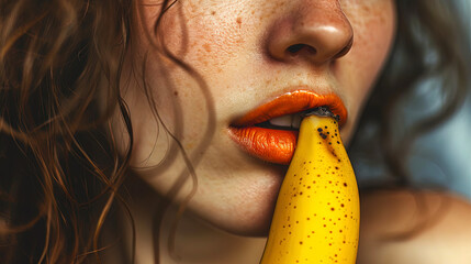 The close up of a young woman with an orange lipstick biting a banana