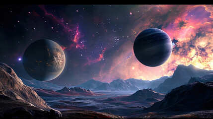 The cosmic vista showcases a celestial landscape with planets and stars in the vastness of outer s