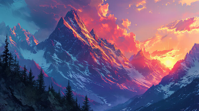 The colors of the setting sun dance across the mountain peaks in this illustration painting, creat
