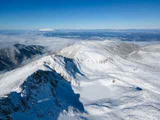 Aerial Winter view of Rila mountain near Musala peak, Bulgaria