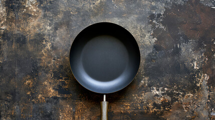 Empty frying pan on old worn texture table, view from the top. Still life in the kitchen. - obrazy, fototapety, plakaty