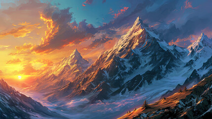 The majesty of a mountain sunset is brought to life in this illustration painting, where warm tone - obrazy, fototapety, plakaty