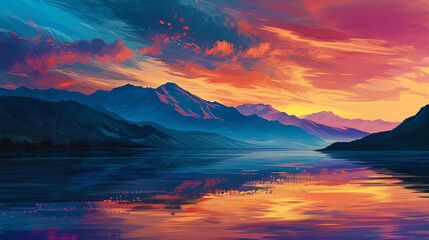The mountains stand as majestic silhouettes against a canvas of vibrant colors in this illustratio