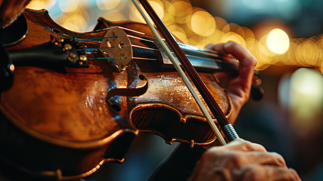 The magic of classical music is brought to life by a man skillfully playing the violin, his finger