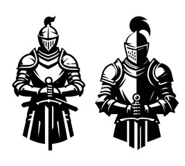 Medieval Guardians: Twin Knights in Stylized Armor. A Striking Duo of Strength and Honor in Monochrome