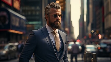 Confident businessman in suit and sunglasses walking in busy city street