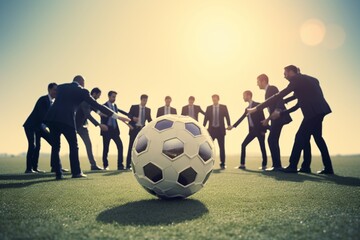 Businessmen in suits huddling around a soccer ball on a field