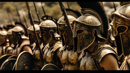 Fotobehang The Spartan army, adorned in distinctive armor, moves in unison, embodying the epitome of discipli © JVLMediaUHD