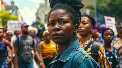 The strength and resilience of a black woman are showcased as she marches with conviction, surroun