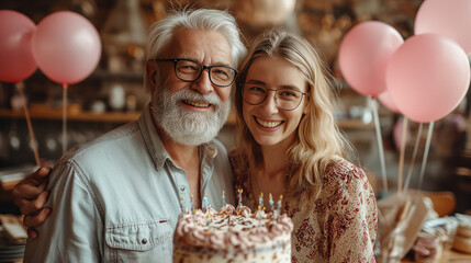 Daughter and father celebrating a birthday and having fun with birthday cake and balloons. People, joy, fun and happiness concept.