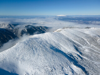 Aerial Winter view of Rila mountain near Musala peak, Bulgaria
