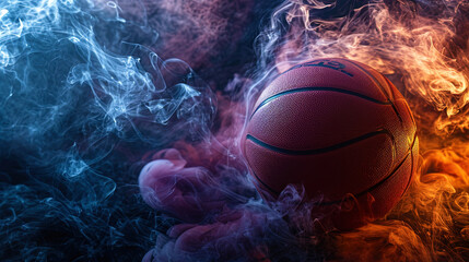 The vivid hues of smoke provide a dramatic setting for a basketball in action, turning the ordinar