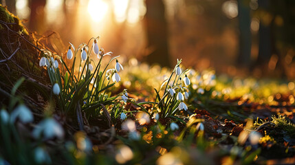 Underneath the sunlight, the pure white snowdrop flowers bloom outdoors, casting a serene glow
