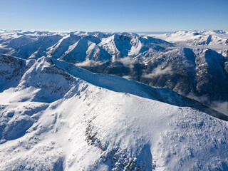 Aerial Winter view of Rila mountain near Musala peak, Bulgaria