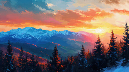 Vibrant strokes bring to life the beauty of a mountain sunset in this captivating and evocative il - obrazy, fototapety, plakaty