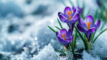 Witness the delicate charm of early spring as purple crocuses bravely break through the snowy veil