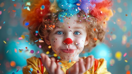 child in costume blowing confetti