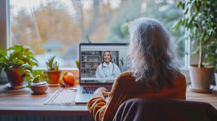 senior woman at remote doctor consultation with computer or laptop