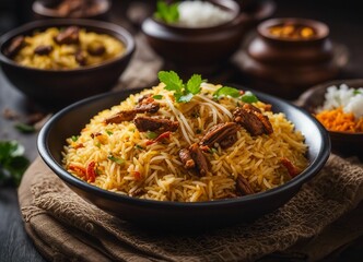 Aromatic biryani rice with spices and tender meat garnished with herbs