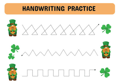 Handwriting practice. Drawing lines for children with a leprechaun and a clover. Early education worksheet for kids
