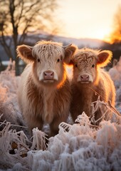 Two highland calves in a snowy field at sunset