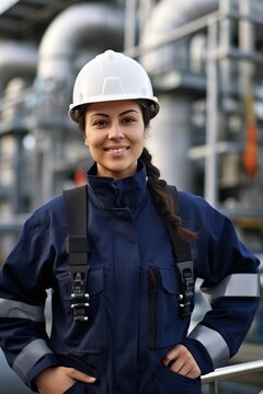 Portrait of a female engineer wearing a hard hat and safety gear at an industrial facility