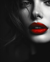 Iconic black and white portrait photography, fashion model facing the camera with red lips