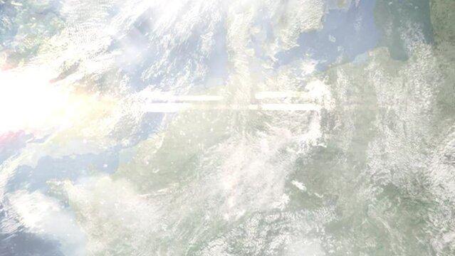Zoom in from space and focus on Rietberg, Germany. 3D Animation. Background for travel intro. Elements of this image furnished by NASA.