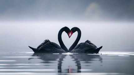 Two black swans kissing and making the shape of a heart, on a lake - obrazy, fototapety, plakaty