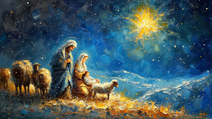 Nativity scene in Bethlehem, holy family with Joseph, Blessed Mary and baby Jesus Christ. shepherds and sheep, Bethlehem star, religious christianity birth catholic biblical. - obrazy, fototapety, plakaty