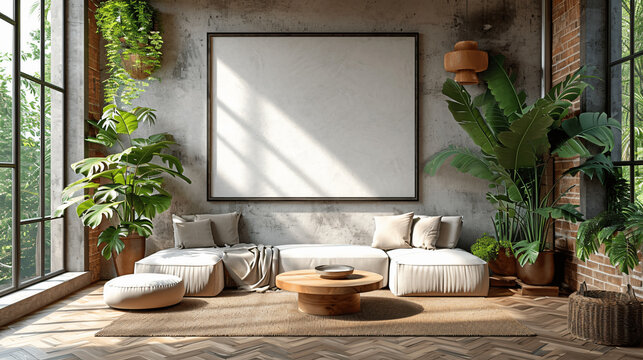 Interior Of Modern Style Home, Shot Straight On With A Large Blank Wall For Art Frame Mock Up