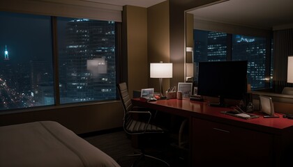 Night view of a hotel room with floor-to-ceiling windows and a city skyline