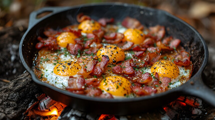 Camping breakfast with bacon and eggs in a cast iron skillet. Fried eggs in the forest. Food at the camp. Picnic - obrazy, fototapety, plakaty