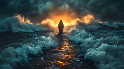 Jesus walking on water during a storm. Biblical theme concept. - obrazy, fototapety, plakaty