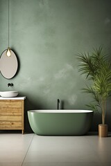 Green bathroom interior with bathtub and palm tree