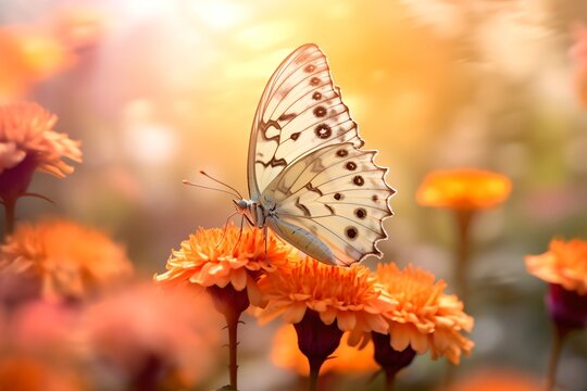 Beautiful butterfly on a flower at sunset, nature background.