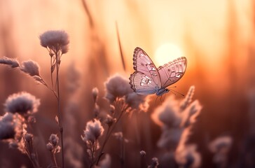 Beautiful butterfly on a flower at sunset, nature background.