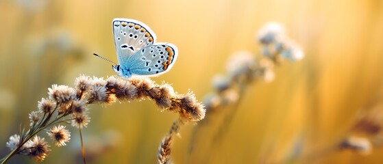 Beautiful butterfly on a flower at sunset, nature background.