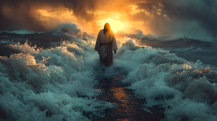 Jesus walking on water during a storm. Biblical theme concept.