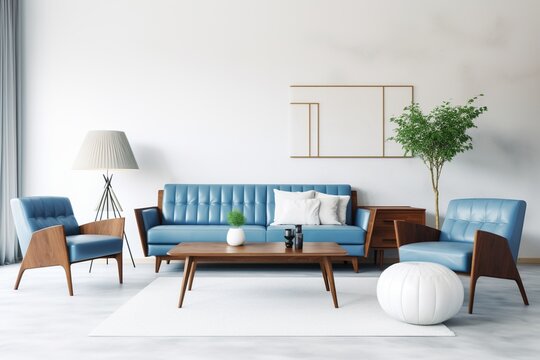 Blue and white living room interior with mid-century modern furniture
