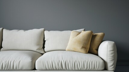 Modern sofa with neutral-colored cushions against a grey wall