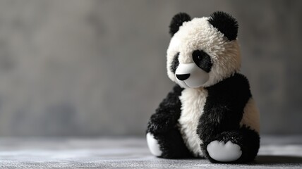 Close-up of a plush panda toy sitting on a textured surface - obrazy, fototapety, plakaty