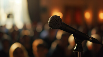 Microphone against an out-of-focus audience in a venue